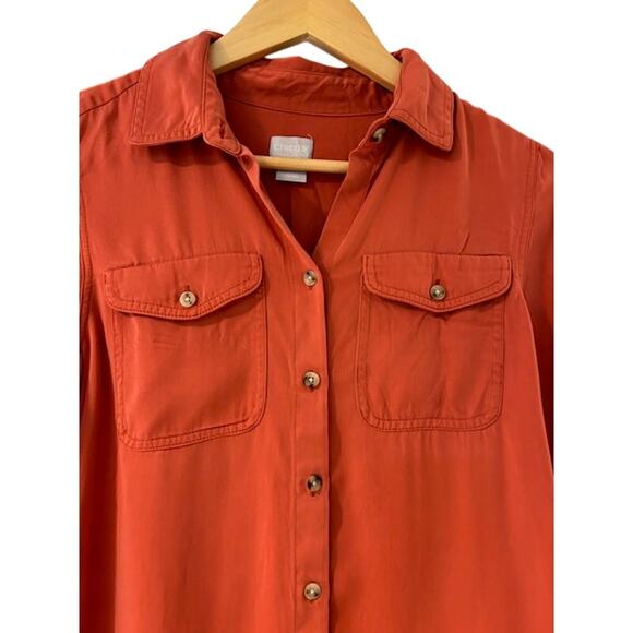 CHICO'S Rust Coral 100% Modal SOFT Classic Button Long Sleeve Blouse Size 0 4/6 - Picture 2 of 9